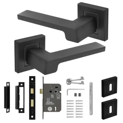 Image of Decoranddecor Spectra Matt Black Door Aluminium Handles Lever On 54mm Square Rose Sash Lock Kit