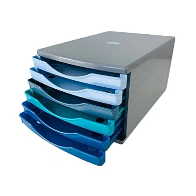 Image of Deflecto Cool Breeze Desk Drawer Set featuring 6 x 30mm Drawers In Deep Blue and Aqua Tones Organiser Small Storage Desktop A4