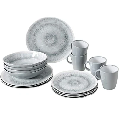 Image of BRUNNER Melamine Dinner Crockery Set, Lunch Box, 16 Pieces, Camping Travel Plate, Mug, Stonetouch Pearl