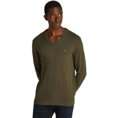 Image of Tommy Hilfiger Men&#039;s Pima Org Ctn Cashmere V Neck Mw0mw28047 Pullovers, Khaki (Army Green), S