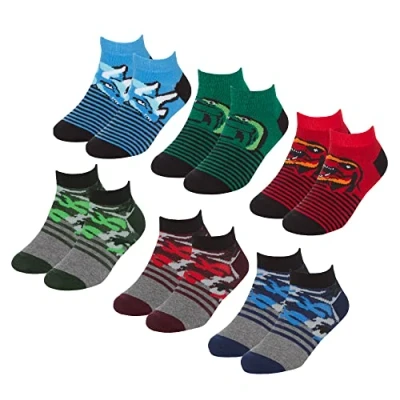 Image of Metzuyan Boys 6 or 12 Pairs Trainer Liner Socks Cotton Rich Multipack Colourful Camo Dino Stripes 9