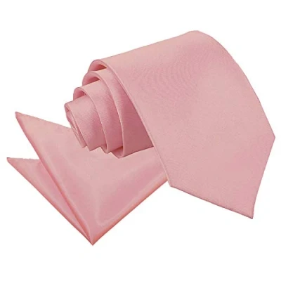 Image of DQT Plain Glossy Satin Polyester Wedding Classic Neck Tie and Handkerchief Pocket Square Set for Men in Dusty Pink