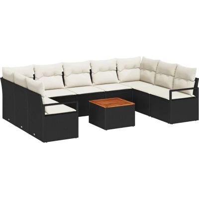 Image of vidaXL 10 Piece Garden Sofa Set with Cushions Black Poly Rattan Acacia