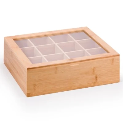 Image of Woodluv Tea Box, Bag Organiser, Box for Bags, Holder, Caddy, 12 Compartment Tidy