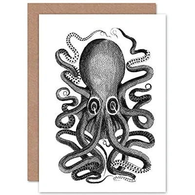 Image of Wee Blue Coo Octopus Vintage Illustration Greeting Card With Envelope Inside Premium Quality