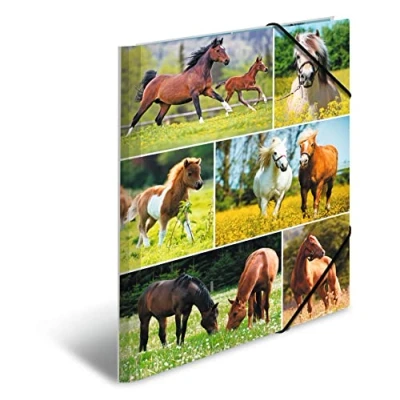 Image of HERMA 19342 Portfolio Folder DIN A4 Animal Worlds Horse Meadow, Set of 3, Sturdy Cardboard, Organiser with Full Inner Print and Elastic Strap, Document for Children, Boys Girls