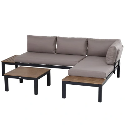 Image of Outsunny 3 Pieces Garden Furniture Sets, Aluminium Outdoor Corner Sofa set with 2 Loveseat and Coffee Table Cushions for Patio, Garden, Black