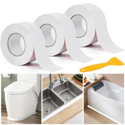 Image of DREETINO Bath Sealant Strip,11ft Self Adhesive Caulk Strip Tape for Kitchen, Bathroom, Toilet, Wall Corner with Sealing Tool White (3PCS)