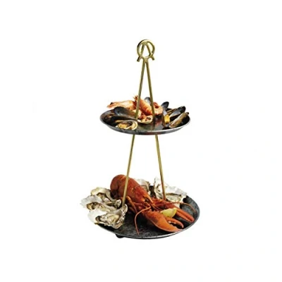 Image of Artesà 2 Tiered Cupcake Stand/Serving Platter in Gift Box, Galvanised Steel, Brass/Metallic Blue, 26 x 43 cm