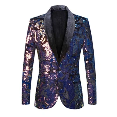 Image of PYJTRL Men Fashion Velvet Sequins Floral Pattern Suit Jacket Blazer (Velvet Blue, XXL)