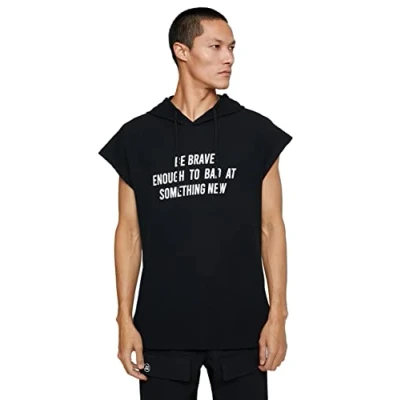 Image of Koton Men&#039;s Basic Hooded Sports T Shirt Slogan Printed Sleeveless, Black (999), S