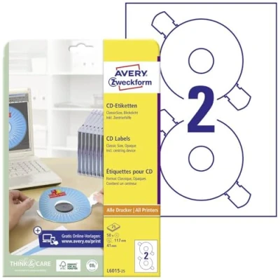 Image of Avery Zweckform L6015 25 CD Labels ClassicSize Diameter 117 for Opaque Labelling with Centralising Aid
