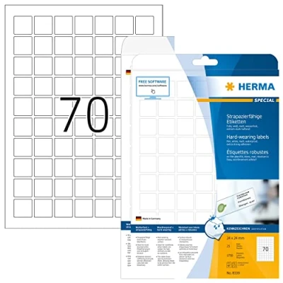 Image of HERMA Self Adhesive Film Labels, 70 Labels per A4 Sheet, 25 Sheets, 24 x mm, 1750 Blank Weatherproof Stickers, Sticky for Laser &amp; Inkjet Printer, White