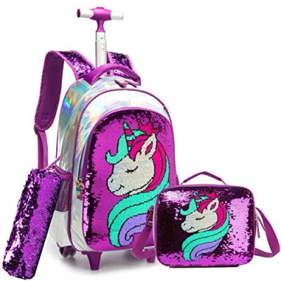 Image of HTgroce Kids Girls Backpack Magic Reversible Sequin Trolley Bag Boys School Children&#039;s Rolling with Wheels Rucksack Lunch Box Unicorn Purple.