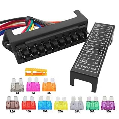 Image of Aiqeer 10 Way Car Blade Fuse Box, 2 Input Output Standard Holder, Block Pre Wired, and Pcs Free Fuses (12V / 24V 32V 48V Universal)
