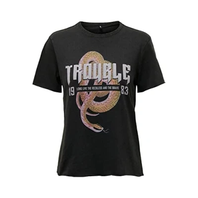 Image of ONLY Women&#039;s ONLLUCY REG S/S TOP JRS NOOS Vest, Black/Print:Trouble Snake, L