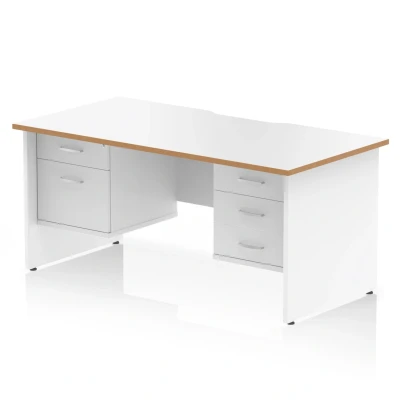 Image of Oslo 1600x800mm Office Desk White Top Natural Wood Edge Panel End Leg Workstation 1x 2 Drawer 3 Fixed Pedestal