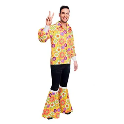 Image of Amscan 9905112 Men&#039;s 1960&#039;s Flower Power Shirt &amp; Boot Toppers Adults Fancy Dress Costume Size: Large