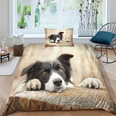Image of GEEYOU Border Collie Lovingly Duvet Cover Set Hidden Zipper Pet Dog Quilt with Pillowcases Bedding Soft Microfiber Comforter Various Sizes for Kids Adults Single（135x200cm）
