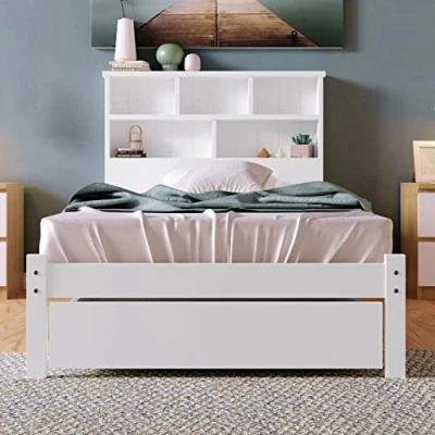 Image of I0I&amp;I0I Bed with Shelves, White Wooden Storage Bed, Underbed Drawer (3FT Single (90 x 190 cm))