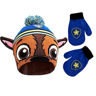 Image of Nickelodeon Boy&#039;s Paw Patrol Character Beanie Hat and Mittens Set Winter Accessory, Chase Design, 2 4 Years