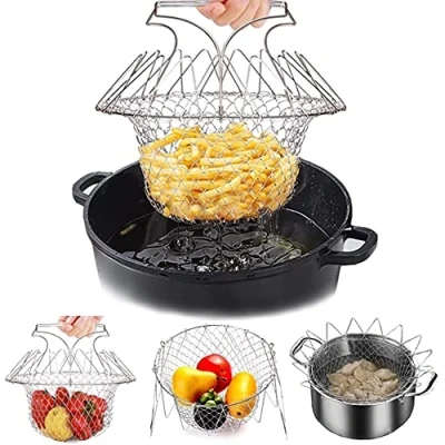 Image of GREY LOOK Stainless Steel Foldable Fry Basket,Multi Function Fold Strainer Skimmer Frying Colander Food Net Cooking Fryer Basket for Fries, Vegetables, Salads