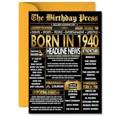 Image of Gold 85th Birthday Card for Men Women Black &amp; Golden Newspaper Born in 1940 Happy 85 Cards Auntie Nanny Uncle Grandma Husband Dad, 5x7 Inch Bday Greeting