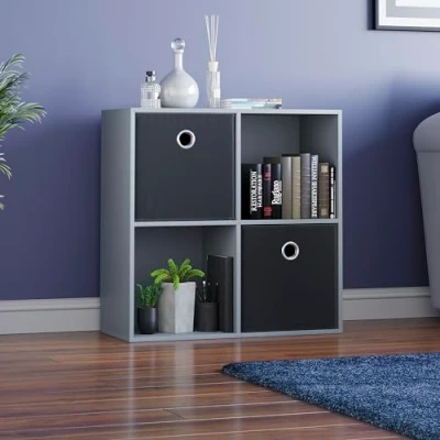 Image of Vida Designs Durham Cube Bookcase Storage Organiser Living Room Bookshelf Home Office Furniture (4 &amp; 2 Black Baskets, Grey)