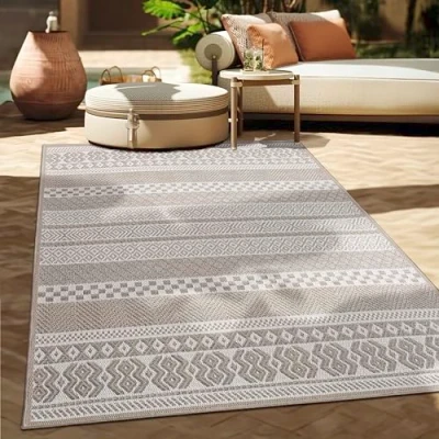 Image of Paco Home Outdoor Rug Kitchen Modern Boho Pattern, Size:Ø 200 cm round, Colour:Beige 4