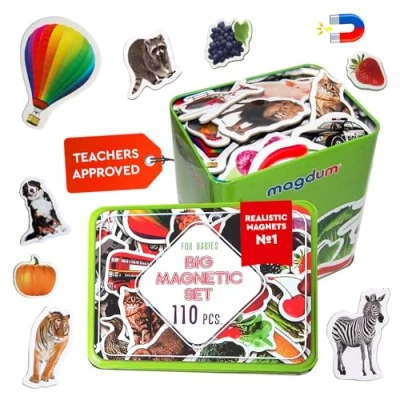 Image of Fridge Magnets For Toddlers Magdum 110 Gift ZOO+ FARM+ FRUIT+ VEGETABLE+ TRANSPORT Animal Kids