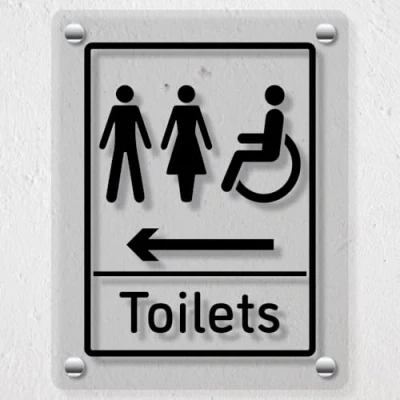 Image of V Safety Mixed Toilets Arrow Left 200 x 300 mm Acrylic Perspex Cast Clear Sign