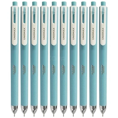 Image of UNOMAX Retractable Ballpoint Pens, BLUE, Fine Point (0.7mm), Pack of 10, Presto RT Smooth Ball School Office Home Use, PATEL Black Pen