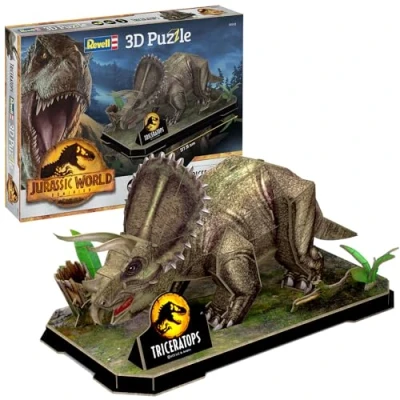 Image of Revell 3D Puzzle 00242 Jurassic World Dominion Triceratops 44 Pieces, Highly Detailed, With Diorama Base, 37cm in length, Fun &amp; Easy To Build