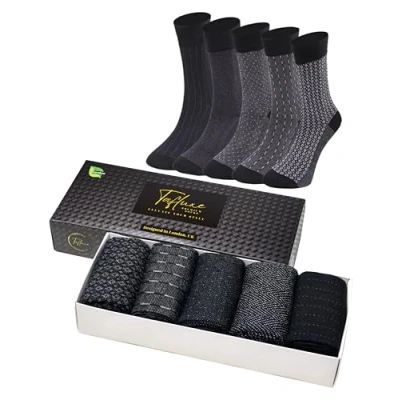 Image of Tafluxe Bamboo Socks for Men, Soft, Seamless, Oderless, Extra Durable, Antibacterial, Breathable, All Seasons, 5 Pairs with a Gift Box (Gray Black Tones)