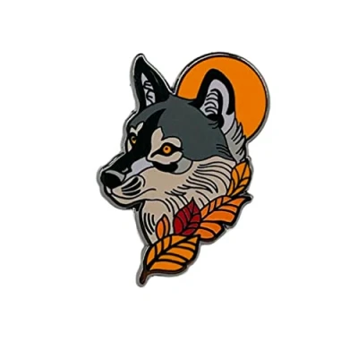 Image of KUPOOL Full Moon Wolf and Fallen Leaves Brooch Animal Enamel Pin Autumn Badge Boy Handsome Lapel Personality Accessory for Hat Jacket Cotton Shirt Skirt Canvas Bag, Metal, no gemstone