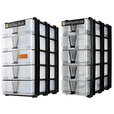 Image of WestonBoxes 2 Stak Storage Pack, Includes A5 Paper Boxes, Pen &amp; Pencil Frames and Box Handles, Fits IKEA KALLAX (Transparent)