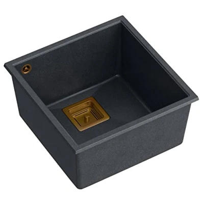 Image of QUADRON Kitchen Sink, Granite Size 41 x 42 22.5 cm, Colour: Black &amp; Copper, David 40 Single Bowl with Manual Siphon