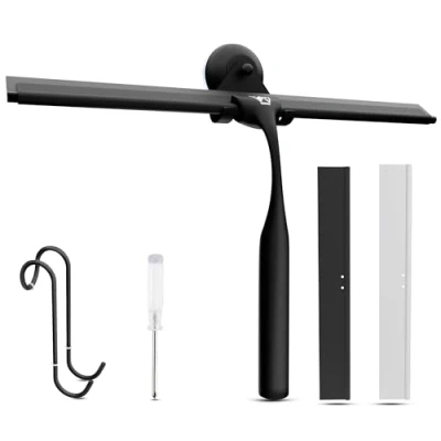 Image of Wunset 25 cm Black Shower Squeegee, Large Window Squeegee 6 Pieces Set Including 2 Replacement Silicone Lips, Cleaner for Doors and Various Smooth Surfaces (25 cm, Black)