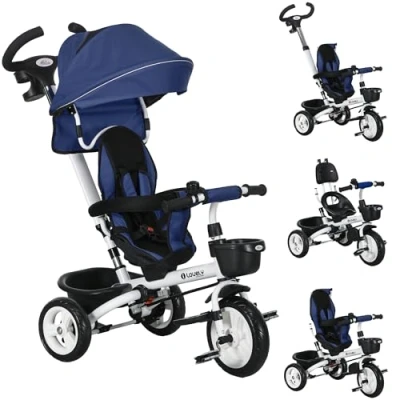 Image of HOMCOM 6 in 1 Trike for Toddler, Baby Push Tricycle Folding Bike with Parent Handle, Reversible Seat, Storage Basket, Canopy, 5 point Safety Harness, Kids Years, Dark Blue