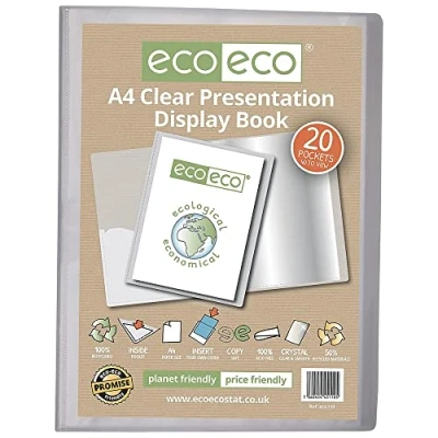 Image of eco A4 Size 50% Recycled 20 Pocket Clear Presentation Display Book, Storage Case Portfolio Art Folder with Plastic Sleeves, eco110
