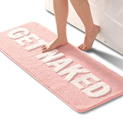Image of QJHOMO Get Naked Bath Mat Pink and White Bathroom Mats 45 x 120 cm, Non Slip for Bathroom, Colourful Letters Soft Microfiber mat, Machine Washable Rug