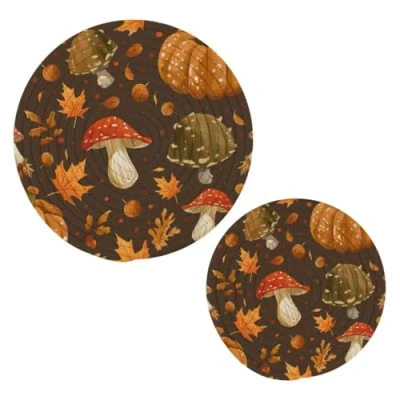 Image of JUMBEAR Thanksgiving Mushrooms and Pumpkins Trivets for Hot Pots Pans Pot Holders 2PCS Cotton Rope Round Mats, Pads Kitchens, Coasters, Placemats, Spoon Rest Cooking Baking