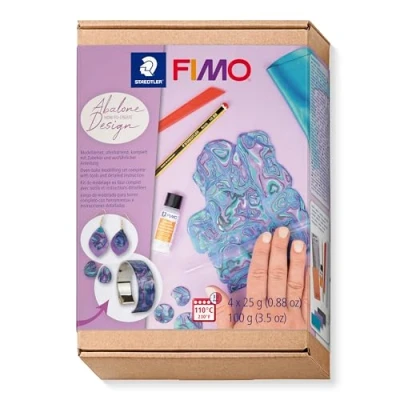 Image of STAEDTLER 8025 HTC4 FIMO Oven Hardening Polymer Modelling Clay How to Create Set, Abalone Design (Pack of 9 Pieces Including Soft Blocks and Accessories)