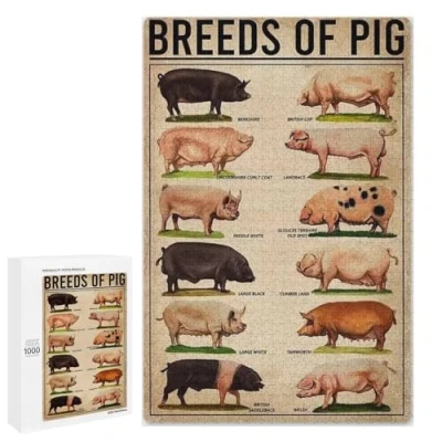 Image of Unique Wooden Jigsaw Puzzles Breeds of Pig, 1000 Pieces Colorful Artwork Puzzle for Adults, Fun and Challenging Brain Exercise Enthusiasts