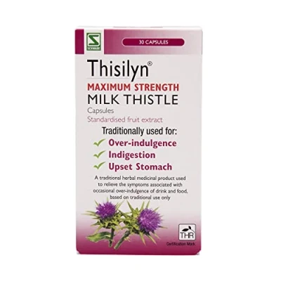 Image of Schwabe High Strength Milk Thistle Thisilyn Maximum Traditionally Used for Relief of Overindulgence, Indigestion, Upset Stomach Traditional Herbal Medicinal Product 30 Capsules