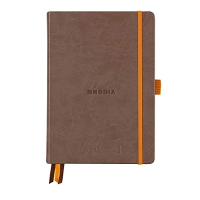 Image of RHODIA 118572C Chocolate Bullet Journal Goalbook Rigid Notebook A5 Dotted Dot 240 Pages 90g White Clairefontaine Paper 3 Ribbons, Elastic Closure Faux Leather Cover
