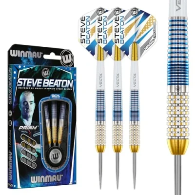Image of WINMAU Darts Professional Player Steve Beaton Legacy Edition 90% Tungsten 22g Steel Tip Set with Dart Flights and Shafts (Stems)