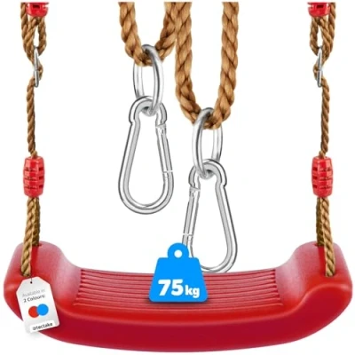Image of tectake® Swing Seat for Kids Ergonomic, Anti Slip Surface, Height Adjustable Ropes, Weather Resistant Plastic &amp; Sturdy Carabiner Hooks, Easy to Clean Garden Indoor Outdoor Use Red