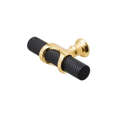 Image of Decoranddecor Amelia Knurled T bar Kitchen Cupboard Cabinet Handle Aluminium (70mm Knob, Matt Black Gold)