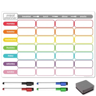 Image of TMS A3 / A4 Multi Coloured Magnetic Weekly Planner/Memo Board/Calendar Whiteboard, Shopping List and Meal Planner with 4 Dry Wipe Pens Eraser (Colour Meal, A3)